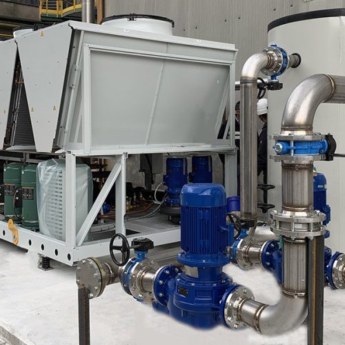 Water chiller with pumping unit and storage tank